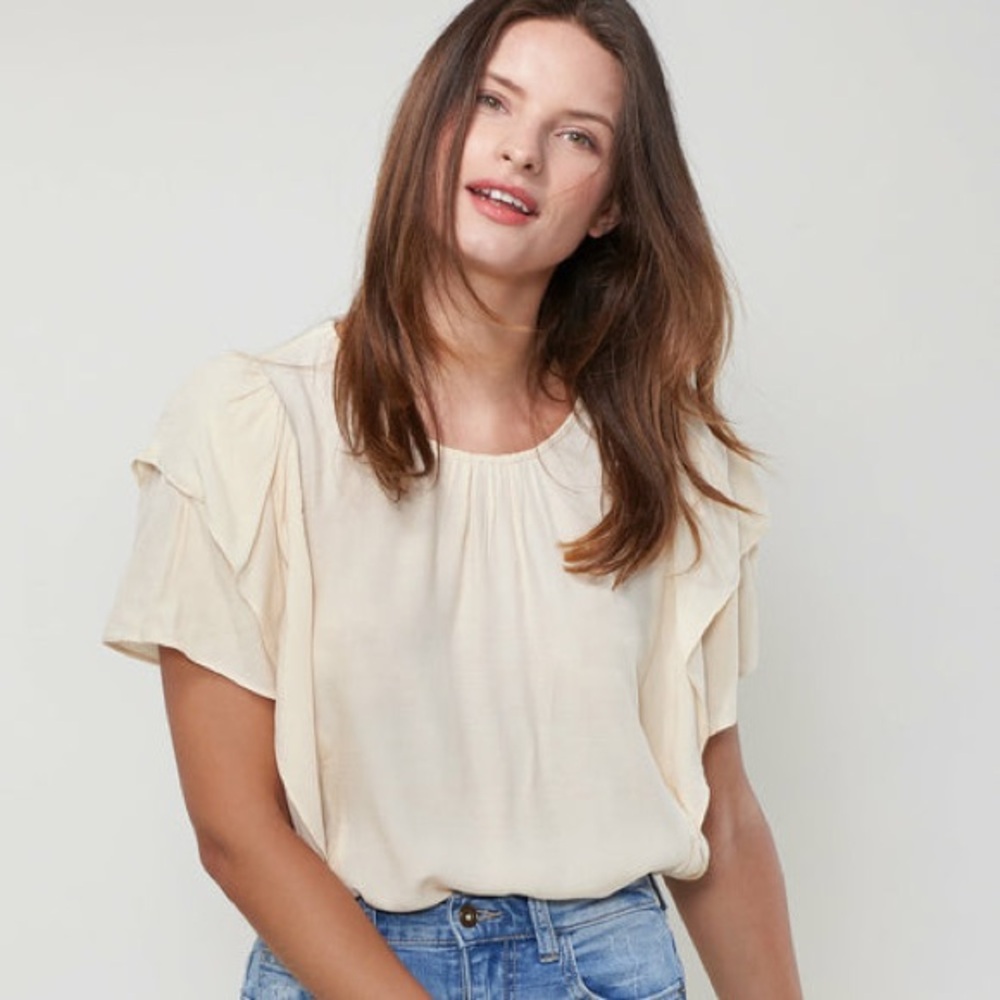 Anthropologie Maeve Poplin Ruffle Flutter Cap Sleeve Peach Size: Medium